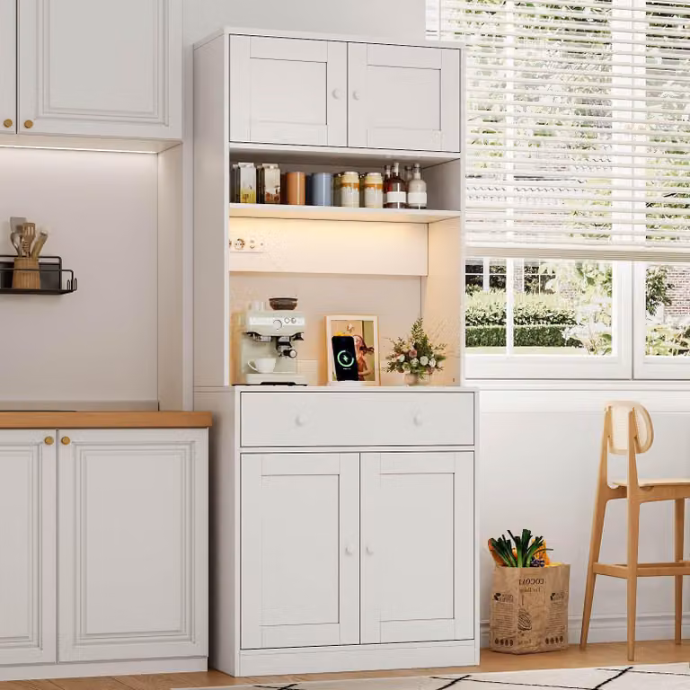 Armadio da cucina con illuminazione a LED, ripiano per spezie e ampio cassetto, mobile alto con presa di corrente, mobile contenitore per cucina, sala da pranzo e soggiorno, colore bianco