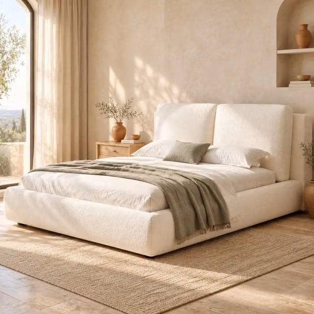 Letto imbottito Bouclé beige con vano contenitore e rete a doghe