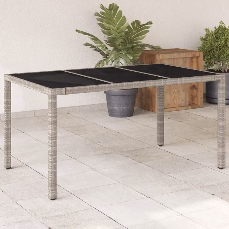 vidaXL Tavolo da giardino rettangolare in polyrattan e vetro con piano in vetro grigio e struttura nera L/P/H: 150 x 90 x 75 cm