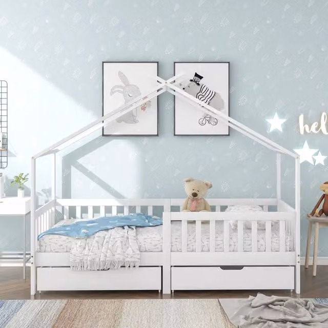 Letto Casetta per Bambini con 2 Cassetti e Rete a Doghe ¨C MINIMAL ¨C Legno Massello Bianco 90x200