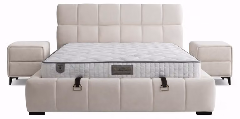 Set da camera da letto in stile moderno, color beige, letto con contenitore e rivestimento in tessuto