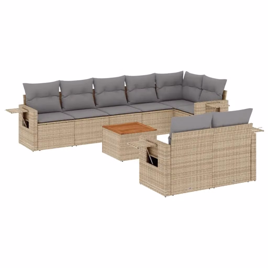 vidaXL Set Divano da Giardino a L in Polyrattan con Cuscini Beige e Tavolino da Caffè, 9 Pezzi – 2