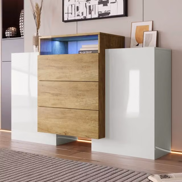 Madia con 2 ante 3 cassetti LED multicolore MDF bianco lucido e finitura legno 140 × 30 × 77;5 cm