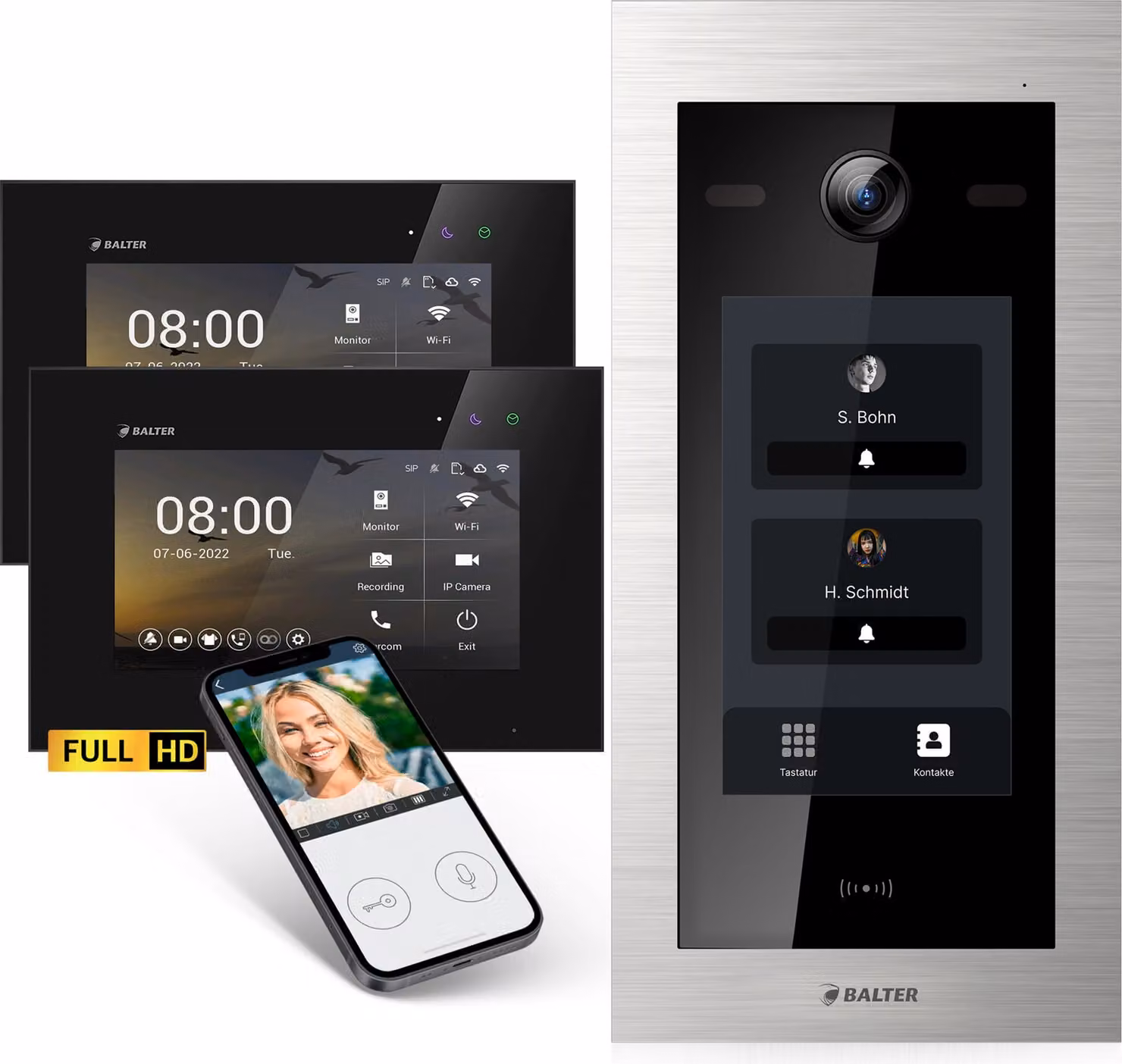 Videocitofono Balter EVO-HD con posto esterno touchscreen, videocitofono, app, casa bifamiliare, 2x monitor da 7 pollici, full HD, bus a 2 fili, argento/nero