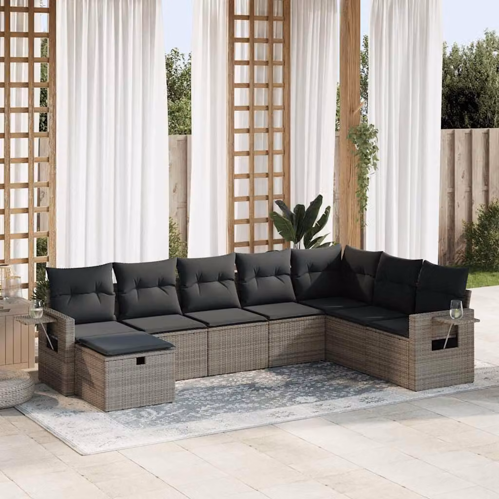 Set Divano da Giardino vidaXL 8 pz in Polyrattan Grigio con Cuscini e Forma a L