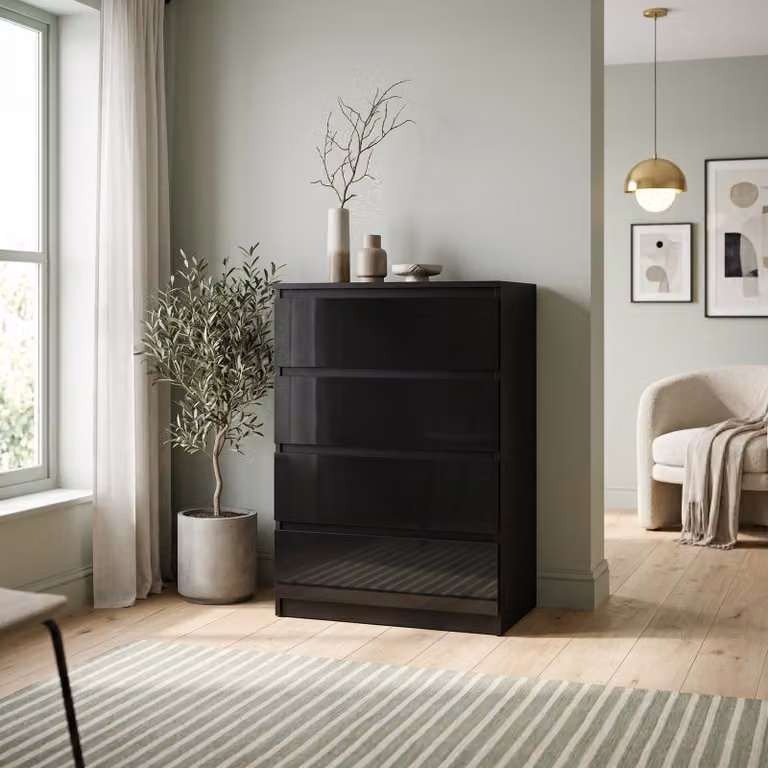 Comodà Masseno NUDO da 70 cm con 4 cassetti e ante, per soggiorno e camera da letto, stile moderno, 70x39x102 cm, nero / nero