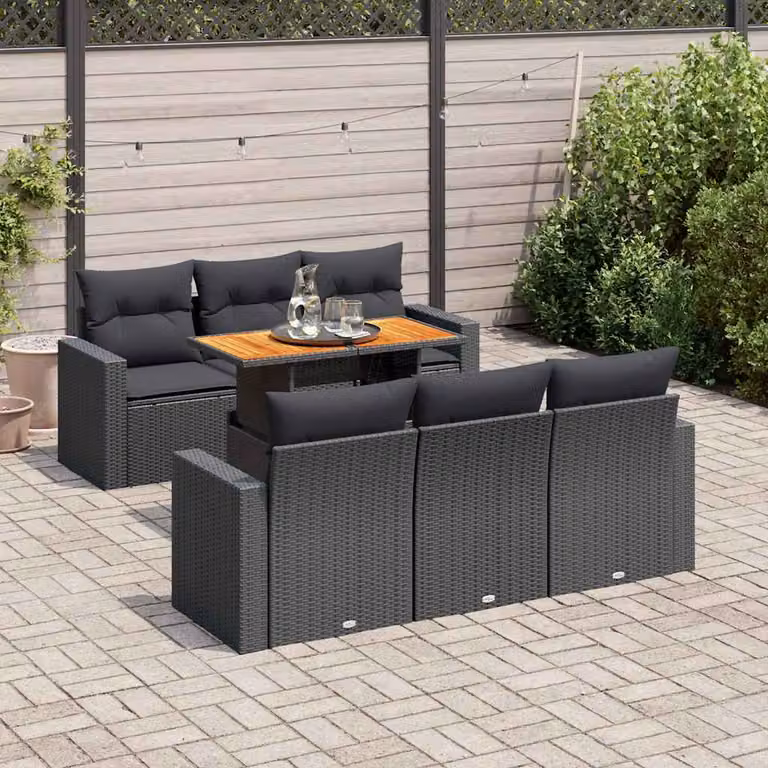 Set di divani da giardino vidaXL a forma di L in polyrattan nero con 7 pezzi e cuscini inclusi