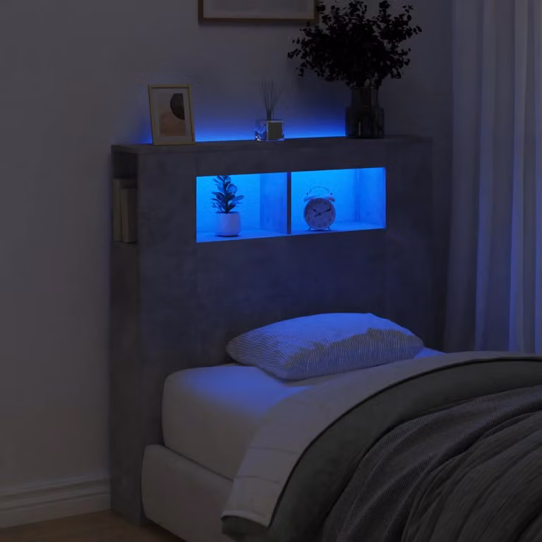 Testiera per letto vidaXL con illuminazione LED, mensola integrata e porta USB, Grigio Cemento, L 100 cm x P 18,5 cm x H 103,5 cm