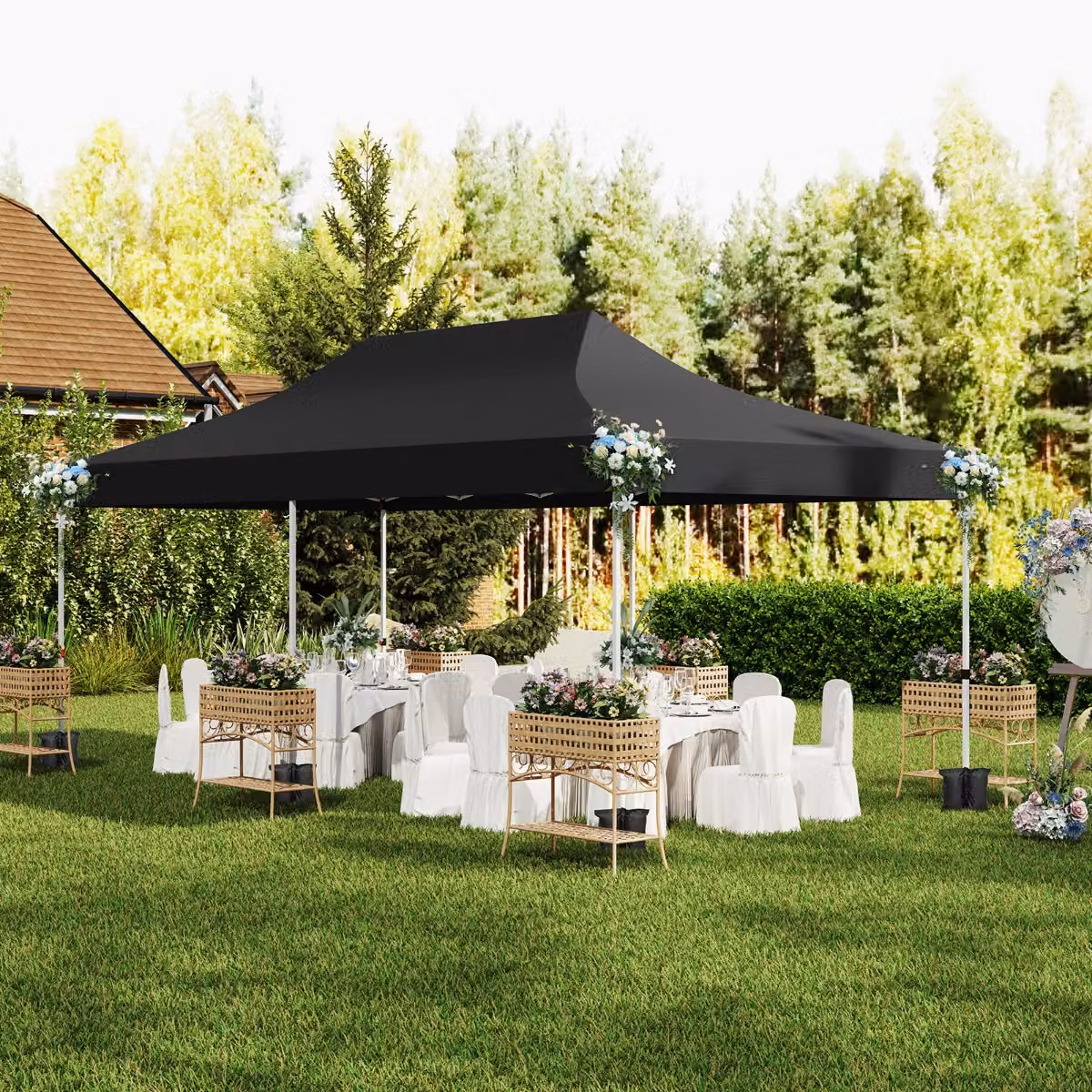 Gazebo pop-up Costway con 6 pareti laterali e ingressi con cerniera, struttura istantanea portatile per festa e picnic, Nero, L: 6 m, P: 3 m