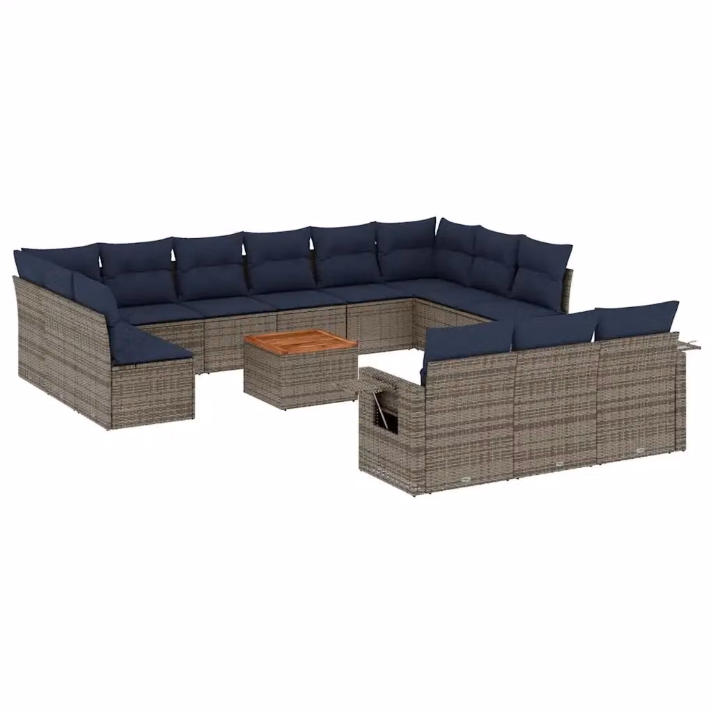 Set di Divani da Giardino a L vidaXL in Polyrattan con Cuscini e Tavolino da Esterno Grigio e Blu – 2