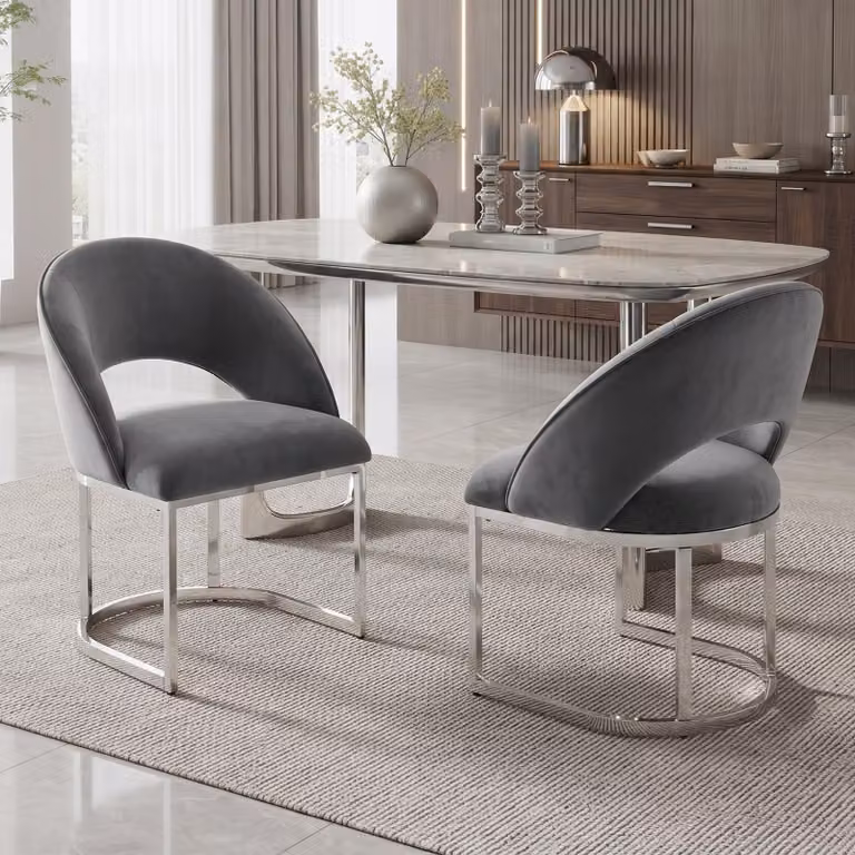 Set di 2 sedie da pranzo Flieks, con gambe argentate, rivestite in tessuto boucle, ideali per ristoranti, soggiorni e cucine. Sedie imbottite, colore grigio e argento
