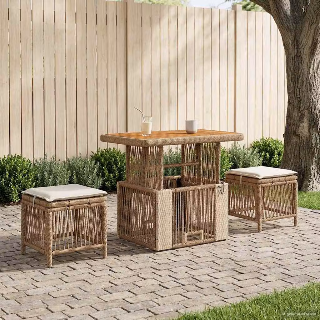 Set da pranzo per giardino e balcone vidaXL in polyrattan beige composto da 3 pezzi con tavolo in legno di acacia