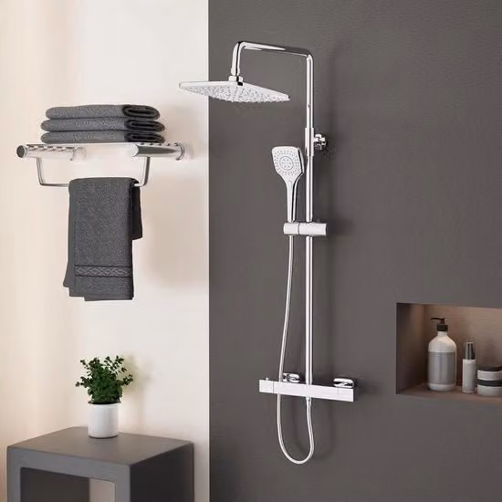 Set di docce termostatiche con 3 funzioni - doccia manuale - set di tubi doccia regolabile - doccia soffitto a 20 cm - forma quadrata - finitura cromata