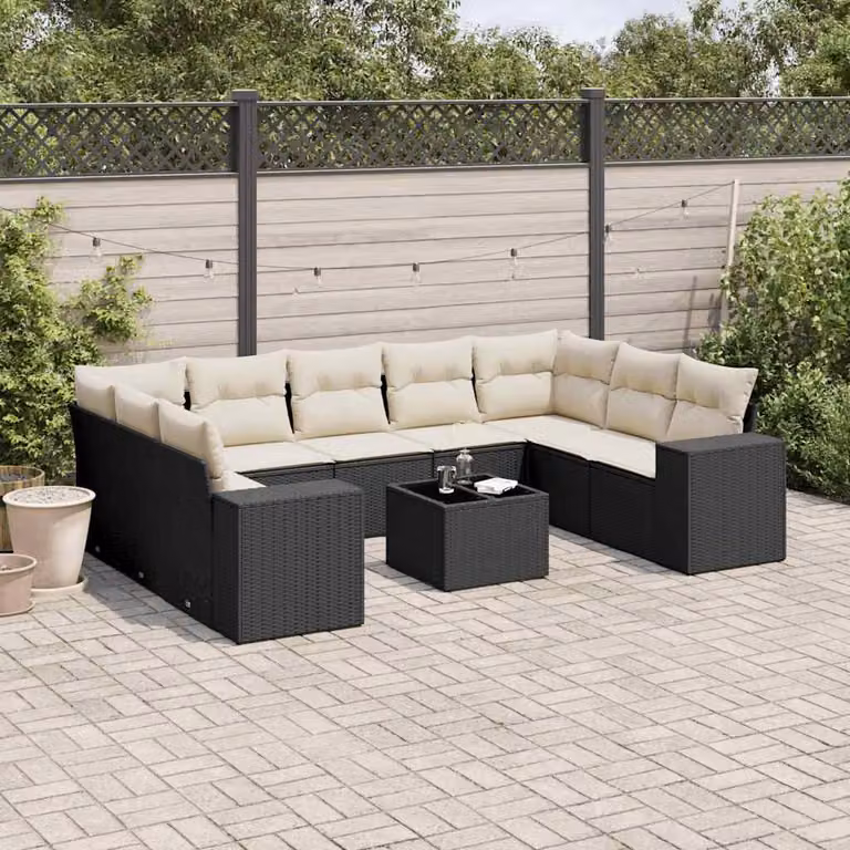 Set di divani da giardino vidaXL con cuscini e tavolino da esterno in rattan e metallo nero