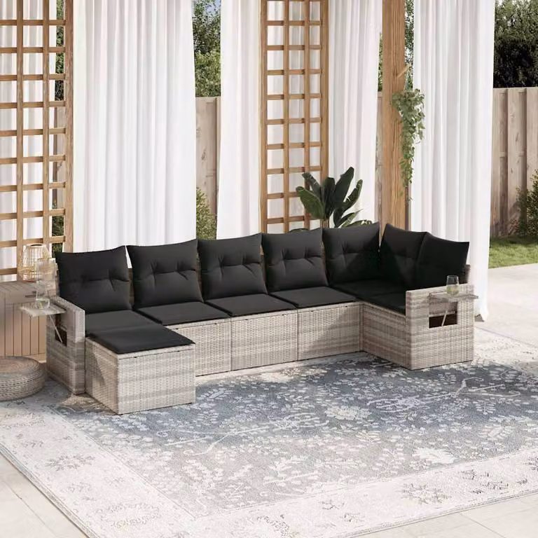 Set Divani da Giardino vidaXL 7 Pezzi a Forma di L con Cuscini Grigio con Struttura in Metallo e Polyrattan