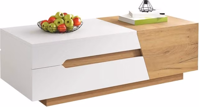 Tavolino da salotto scorrevole REDOM moderno in MDF bianco e marrone L: 120 cm, P: 50 cm, H: 37,5 cm