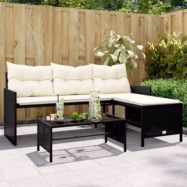 Divano da Giardino con Tavolo e Cuscini a L-Sofa da Giardino-Divano da esterno Nero in Polyrattan 498630