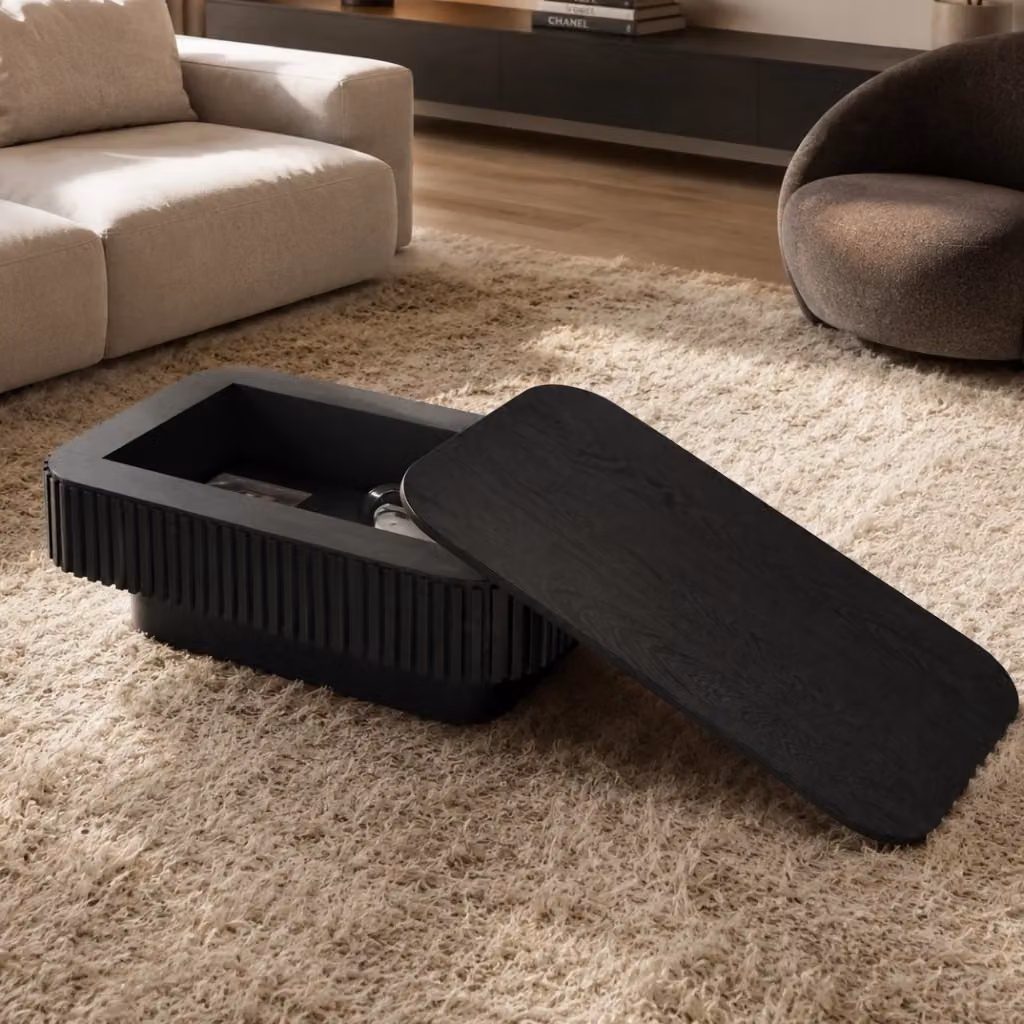 Tavolino basso Mivray nero con contenitore a scomparsa e piano rimovibile in MDF e legno con design moderno a coste verticali – 2