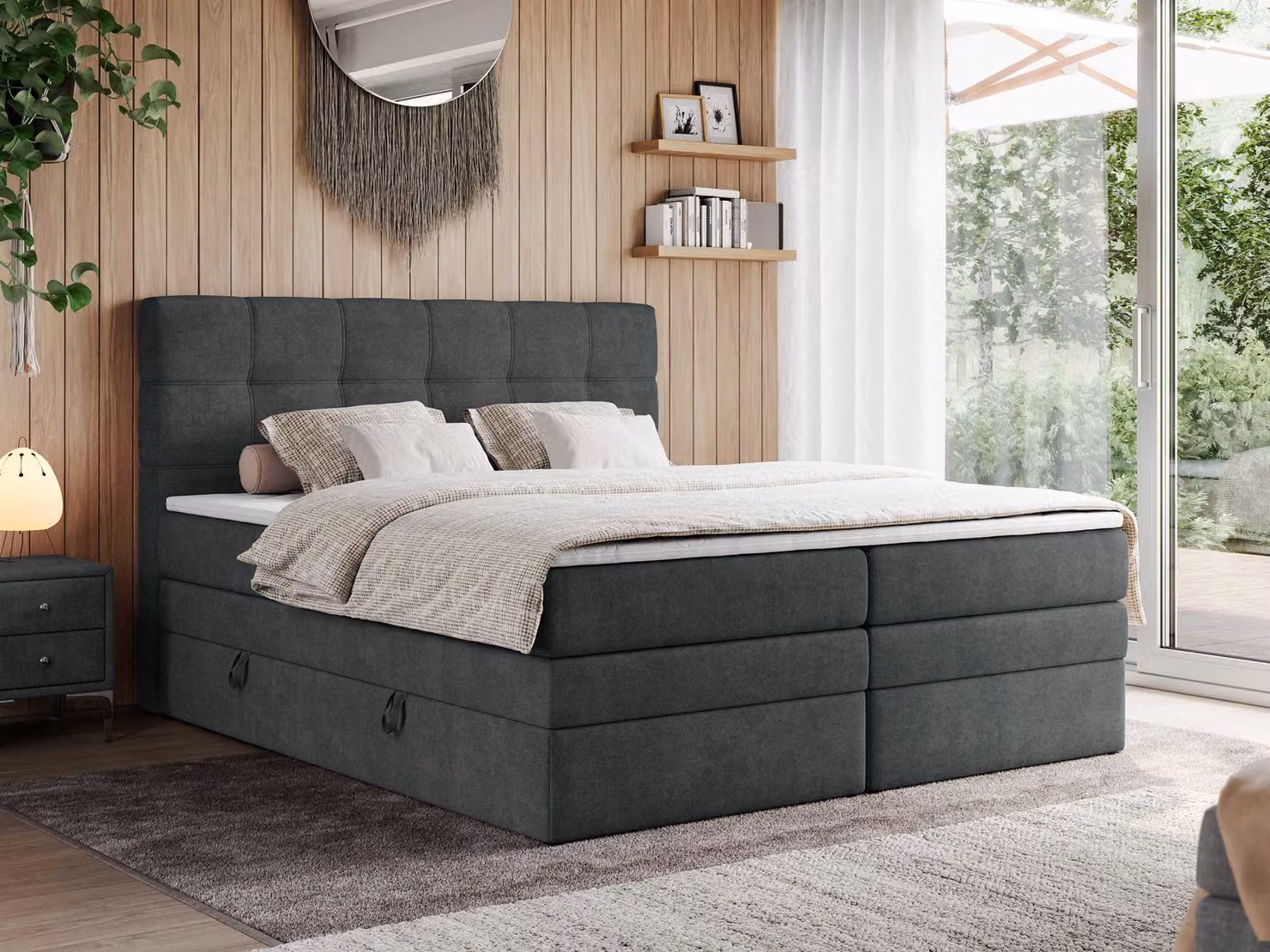 Letto boxspring, letto imbottito, letto, camera da letto - ERNI-KING - 200 x 200 cm - Grigio scuro - H4
