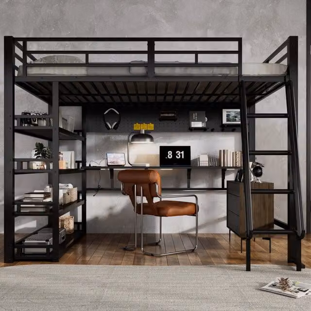 Letto a castello in ferro e truciolare nero con funzione di ricarica integrata 140x200 cm