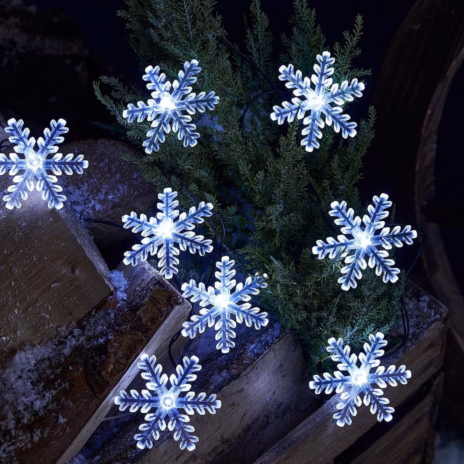 Catena luminosa a LED a forma di fiocchi di neve, lunghezza 3,8 metri, 20 LED bianchi, con timer, grado di protezione IP44