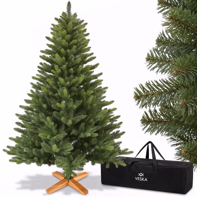 Albero di Natale artificiale Premium 180cm - con supporto in legno, abete Nordmann, abete artificiale, realistico, rami fitti senza LED