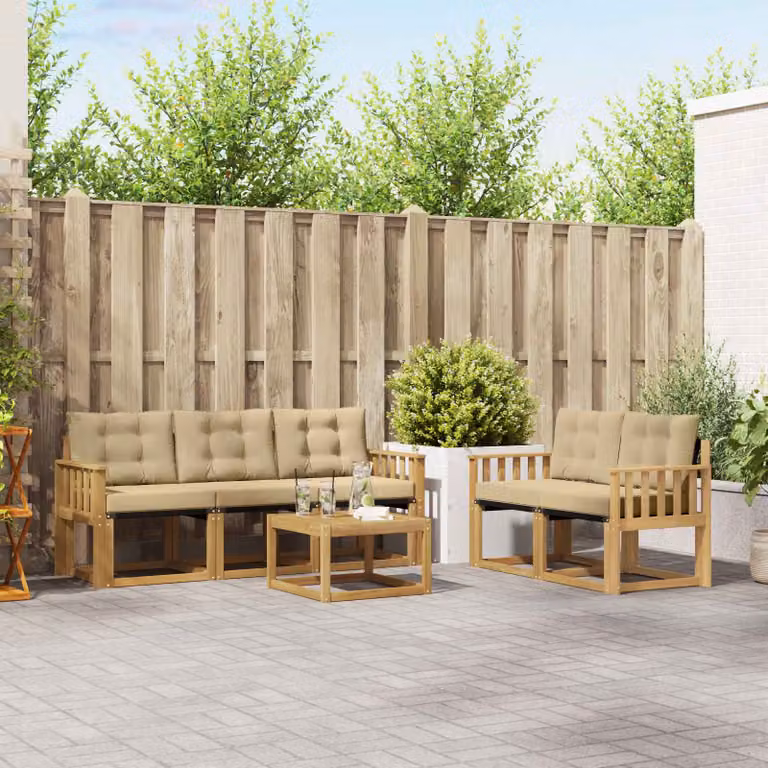vidaXL Set di divani da esterno 6 pz in legno di acacia con tavolino e cuscini, Bianco e Beige