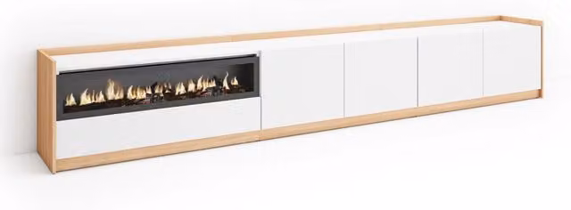 Mobile TV Soggiorno, 310x50x37 cm, Per TV fino a 80", Camino elettrico, Bianco e Rovere soft