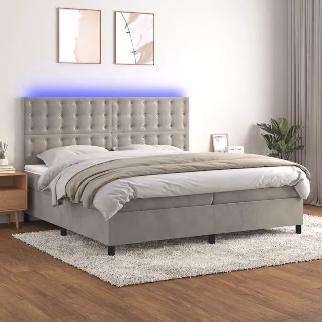 Letto matrimoniale con materasso ibrido vidaXL in velluto grigio chiaro con illuminazione LED e porte USB L/P/H: 200 x 200 x 128 cm – 1