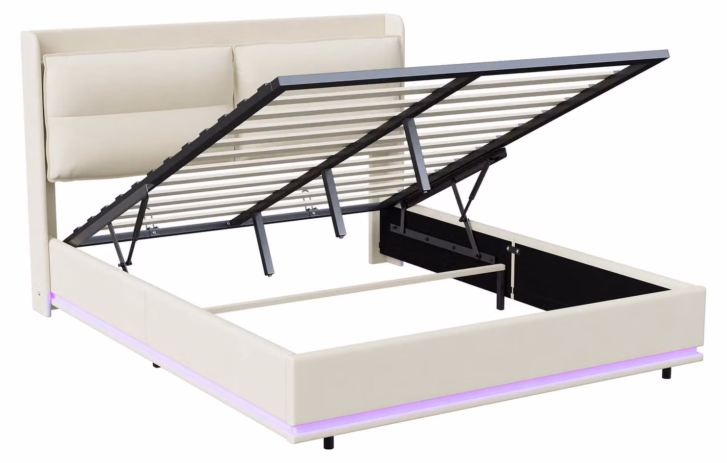 Letto imbottito - Letto matrimoniale 160 x 200 cm - Contenitore a sollevamento idraulico - Struttura a listelli - Imbottito - Tessuto - Bianco crema