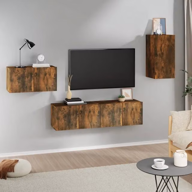 Set di 4 mobili porta TV vidaXL in legno rovere color marrone per soggiorno con montaggio a parete – 1