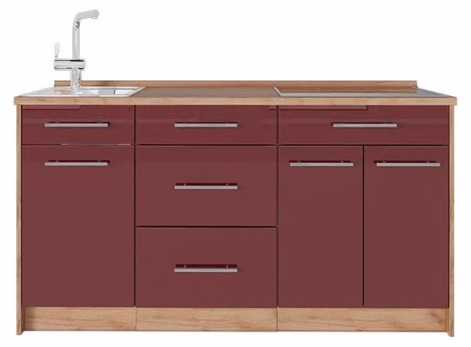 Cucine componibili piccole Vicco Fame-Line Bordeaux lucido 150 cm, PL Rovere, Model 65428