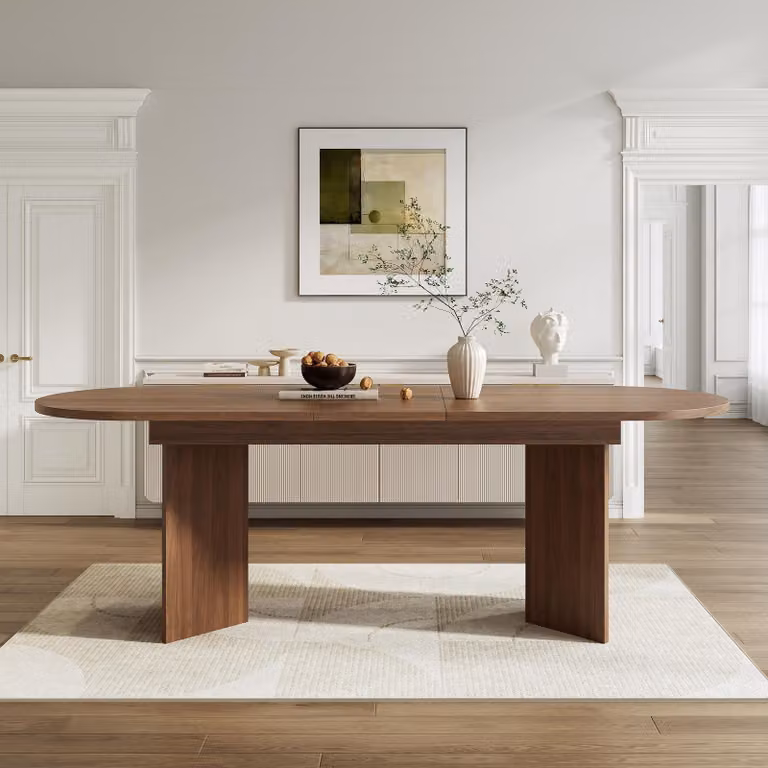 Tavolo da pranzo allungabile, dimensioni 140/180x90 cm, per 6-8 persone, angoli arrotondati, piano spesso, stile semplice. Finitura noce