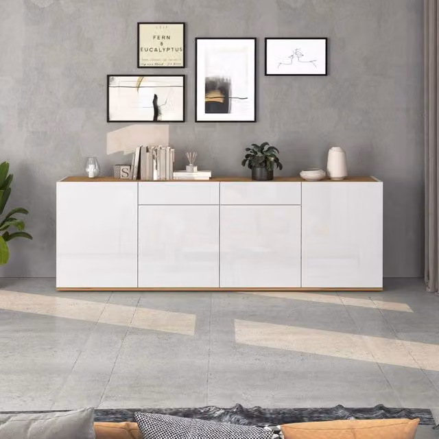 WHOUS Madia Garda a 4 ante e 2 cassetti bianco lucido e rovere 200x35x71 cm