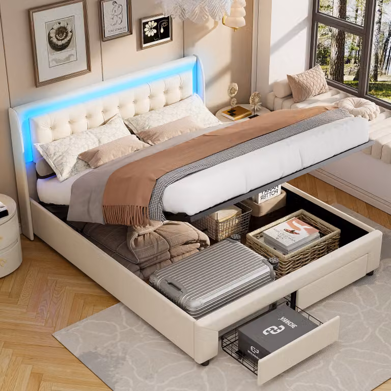 Letto imbottito matrimoniale 140x190 cm, letto con contenitore, 2 cassetti, letto a molle idrauliche con LED, letto piatto, letto contenitore, struttura letto con doghe, letto per ragazzi, velluto, beige