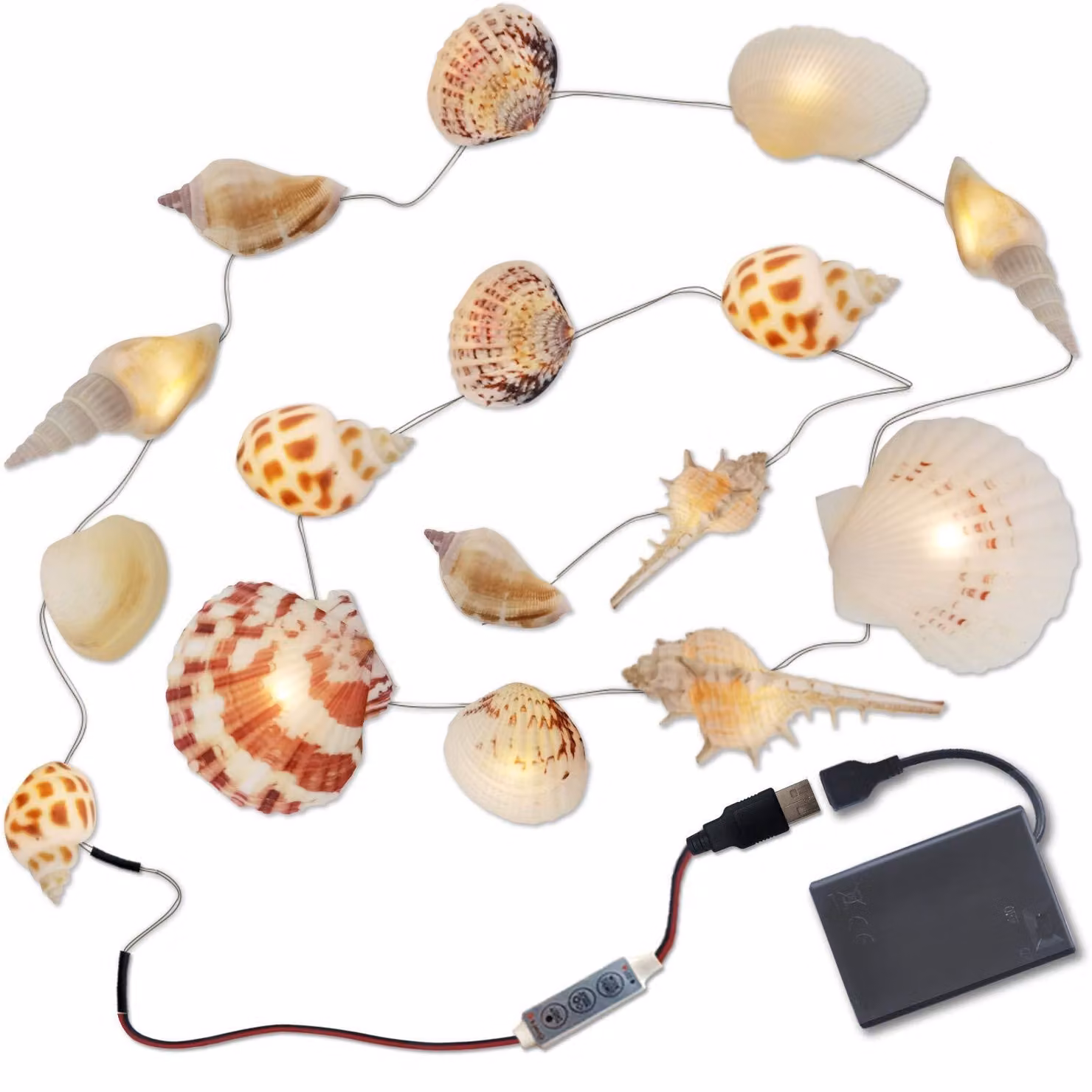 Catena luminosa a forma di conchiglia, con 20 LED bianco caldo, realizzata con vere conchiglie, lunghezza 1,8 metri, alimentazione a batteria