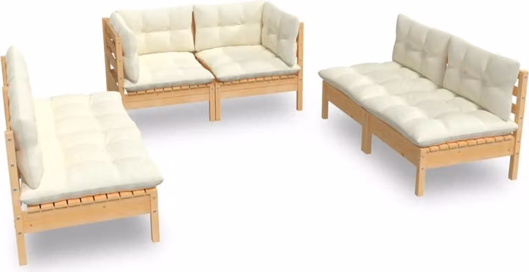 Set Divani da Giardino 6 pz con Cuscini Crema in Massello di Pino