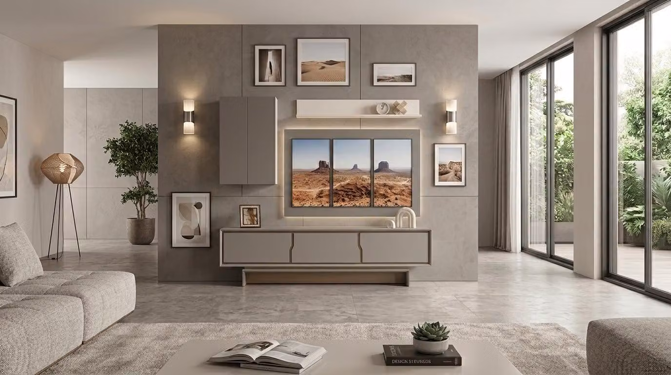 Mobile parete, armadio, credenza, scaffale, soggiorno, stile moderno, colore beige, nuovo, comodo