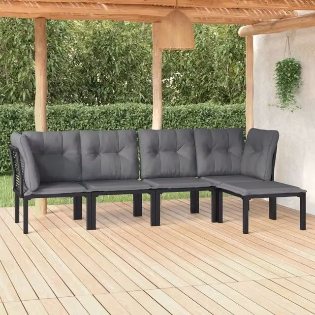 Set Salotto da Giardino a L vidaXL in Polyrattan Nero e Grigio con Cuscini Imbottiti
