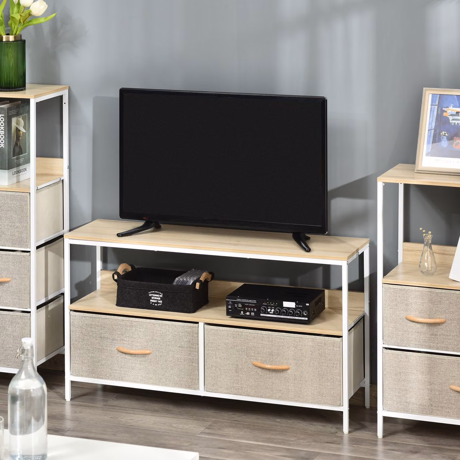 Mobile Porta TV HOMCOM in Legno e Metallo con Cassetti in Tessuto, L 98 cm x P 29 cm x H 56 cm, Colore Marrone – 2