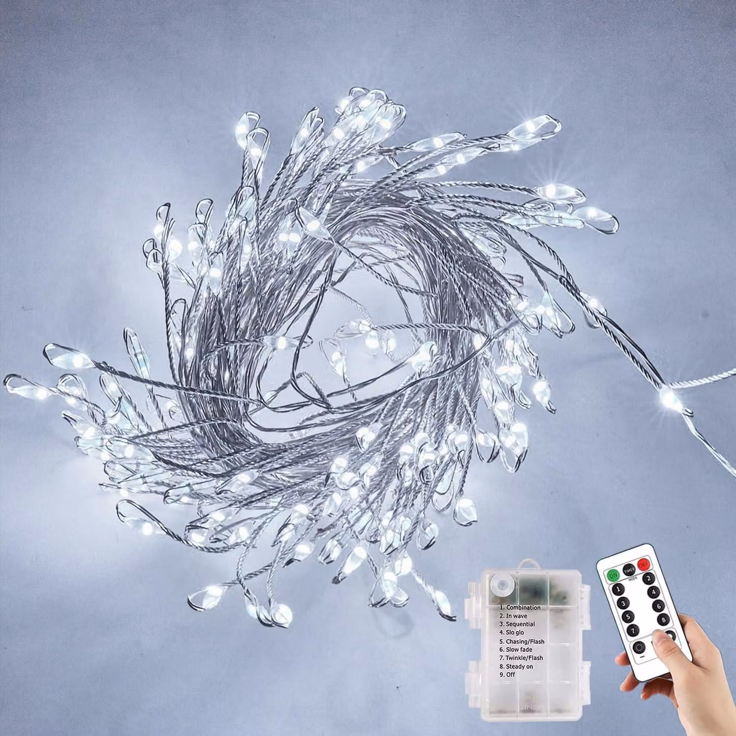 Catena luminosa con 200 LED, alimentata a batteria, impermeabile, colore bianco