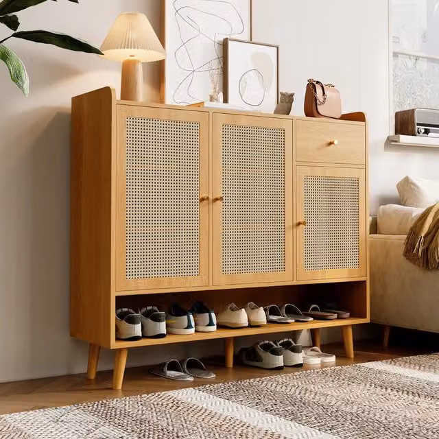 Scarpiera con 3 ante e 1 cassetto in pannello truciolare naturale con gambe in legno 120 × 35 × 106 cm