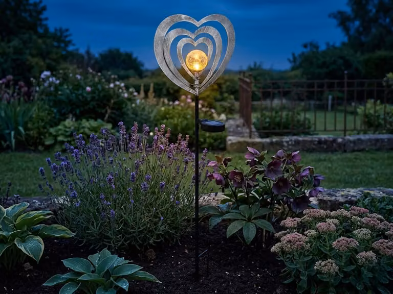 Lampada solare a LED a forma di cuore, colore argento, altezza 82 cm