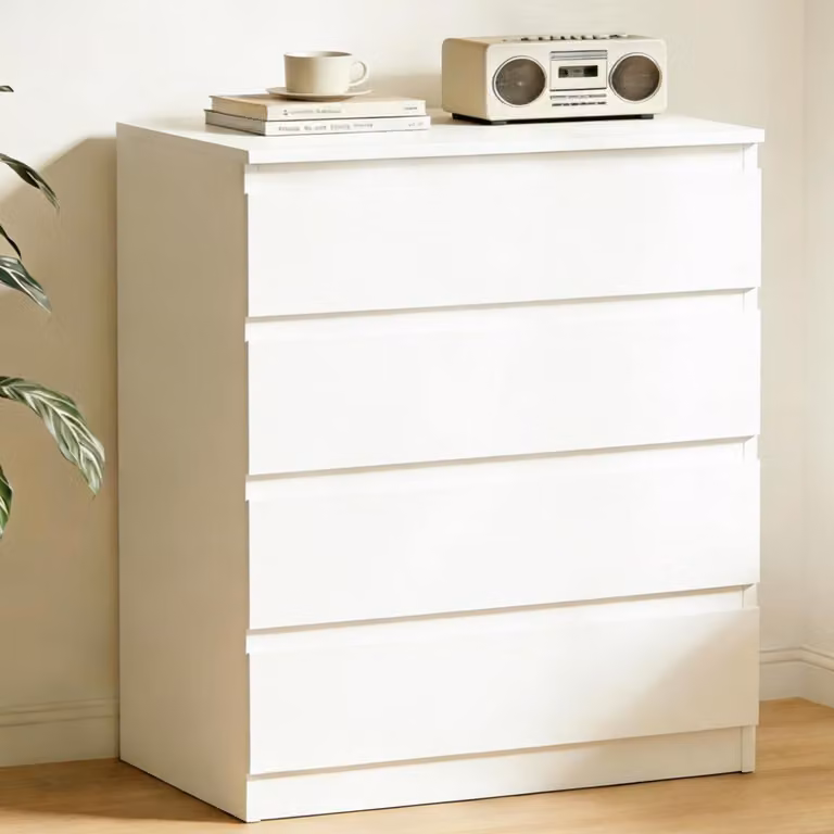 Comodino con 4 cassetti, bianco, in legno, 70x40x95 cm