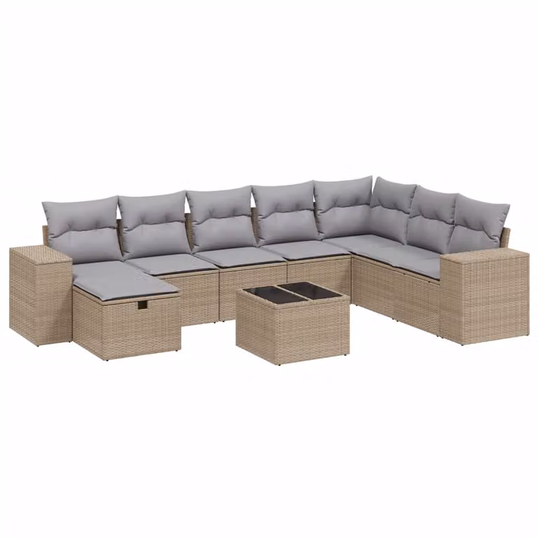 Set Divano da Giardino 9 pz con Cuscini Beige Misto Polyrattan