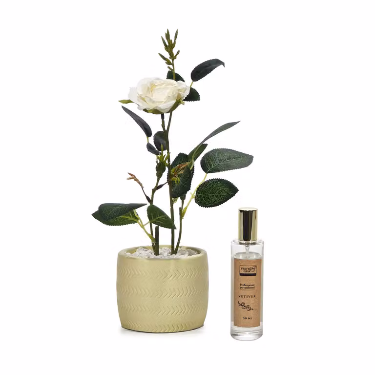VESTIAMO CASA Pianta di Rose Artificiale Decorativa con Vaso e Spray Profumato da 30 ml