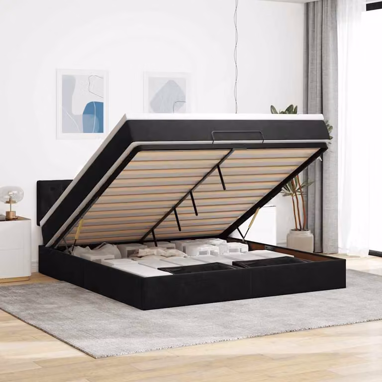 Letto con contenitore a sollevamento e materasso vidaXL in velluto nero, dotato di luci sotto il letto e porte di ricarica USB, L/P/H: 180 x 200 x 203 cm