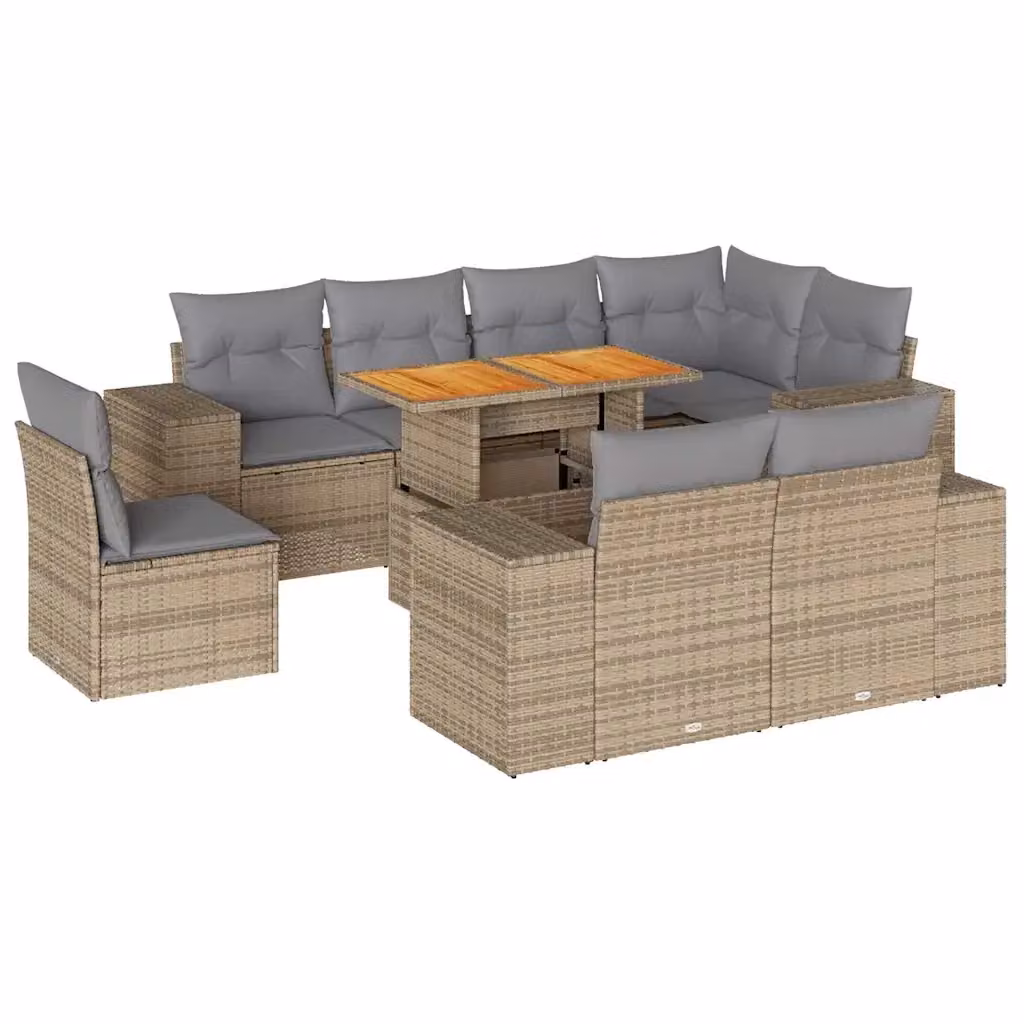 Set Divano da Giardino a L vidaXL 9 pz con Cuscini Beige e Tavolino in Polyrattan e Legno di Acacia – 2