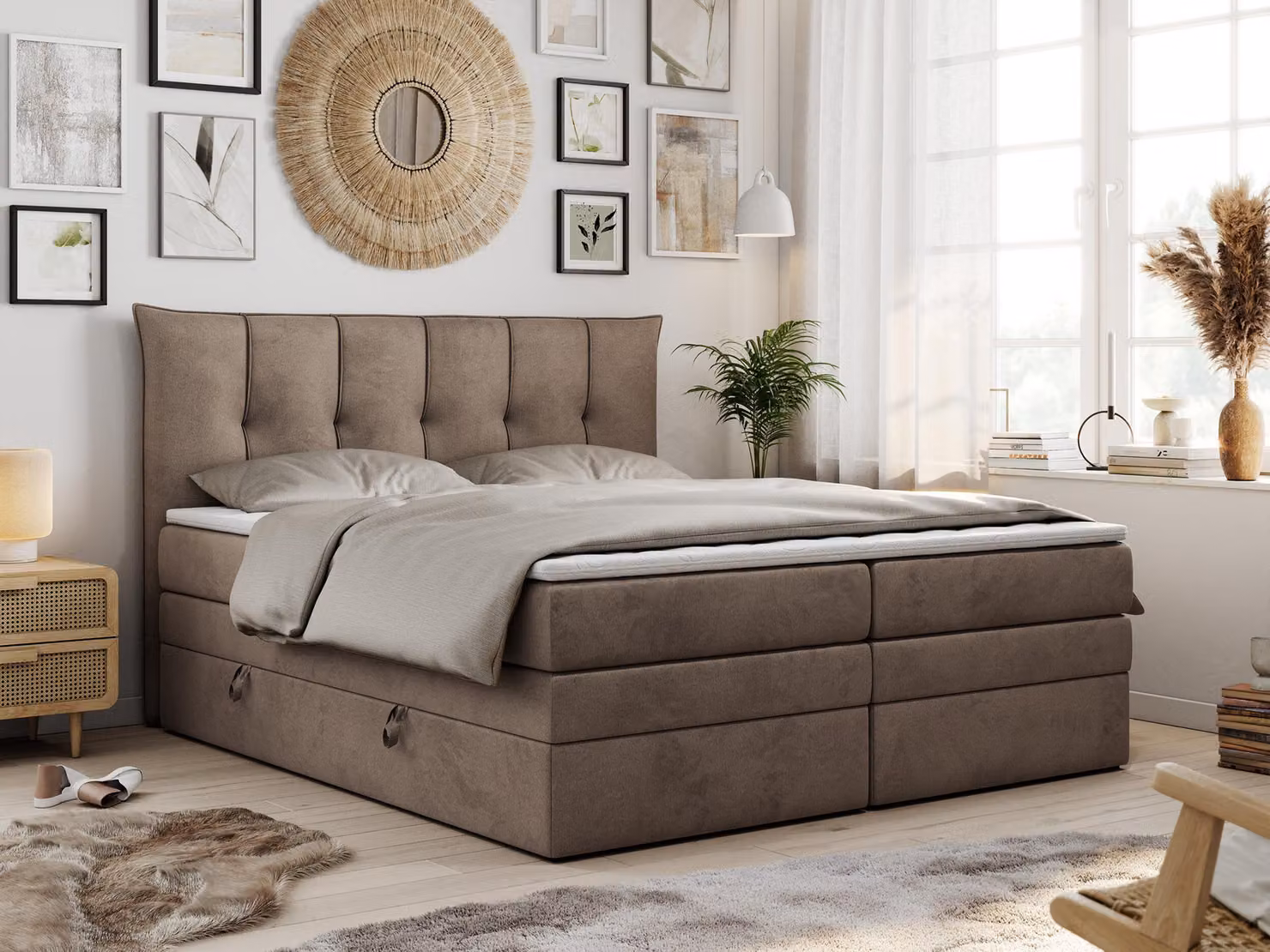 Letto boxspring con materasso a molle insacchettate a 7 zone e topper - PREMIUM-10-KING - 140x200 cm - Marrone - H4