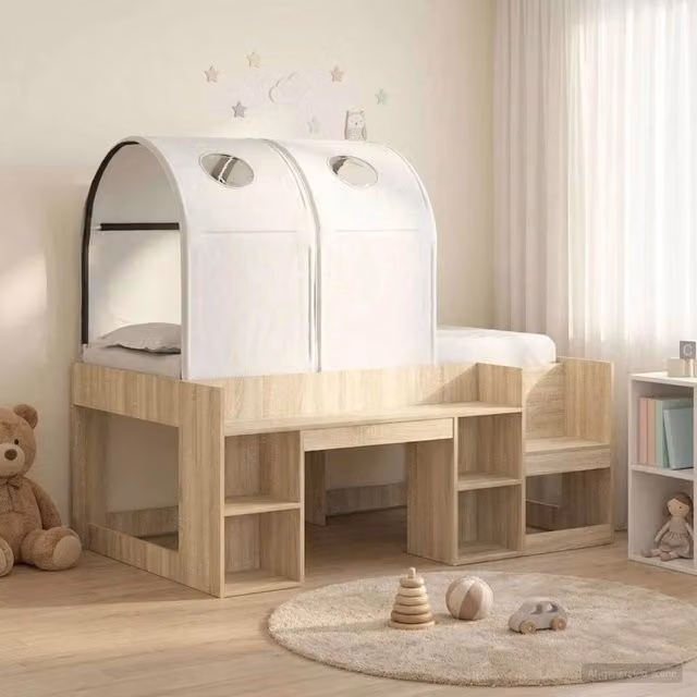 Letto a castello per bambini vidaXL con struttura a casetta e scaffali, Bianco e Rovere, L: 120 cm, P: 108,5 cm, H: 163 cm